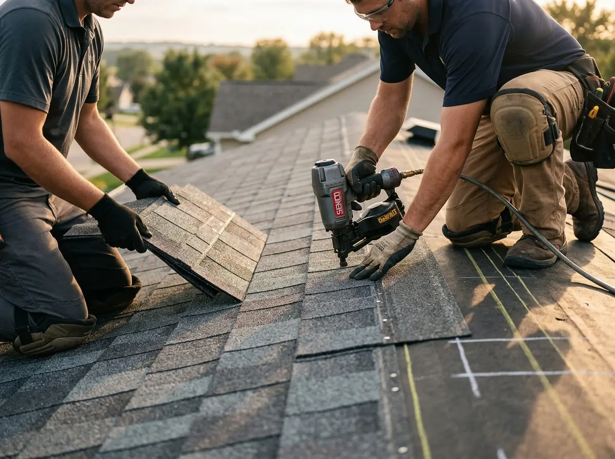 Professional roofer working on a residential roof in Lake of the Woods